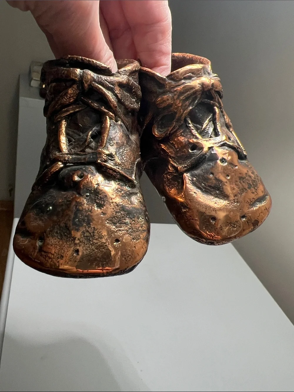 Bronzed Antique Classic Baby Walker Shoes Figurine in Metallic Brown - Vintage